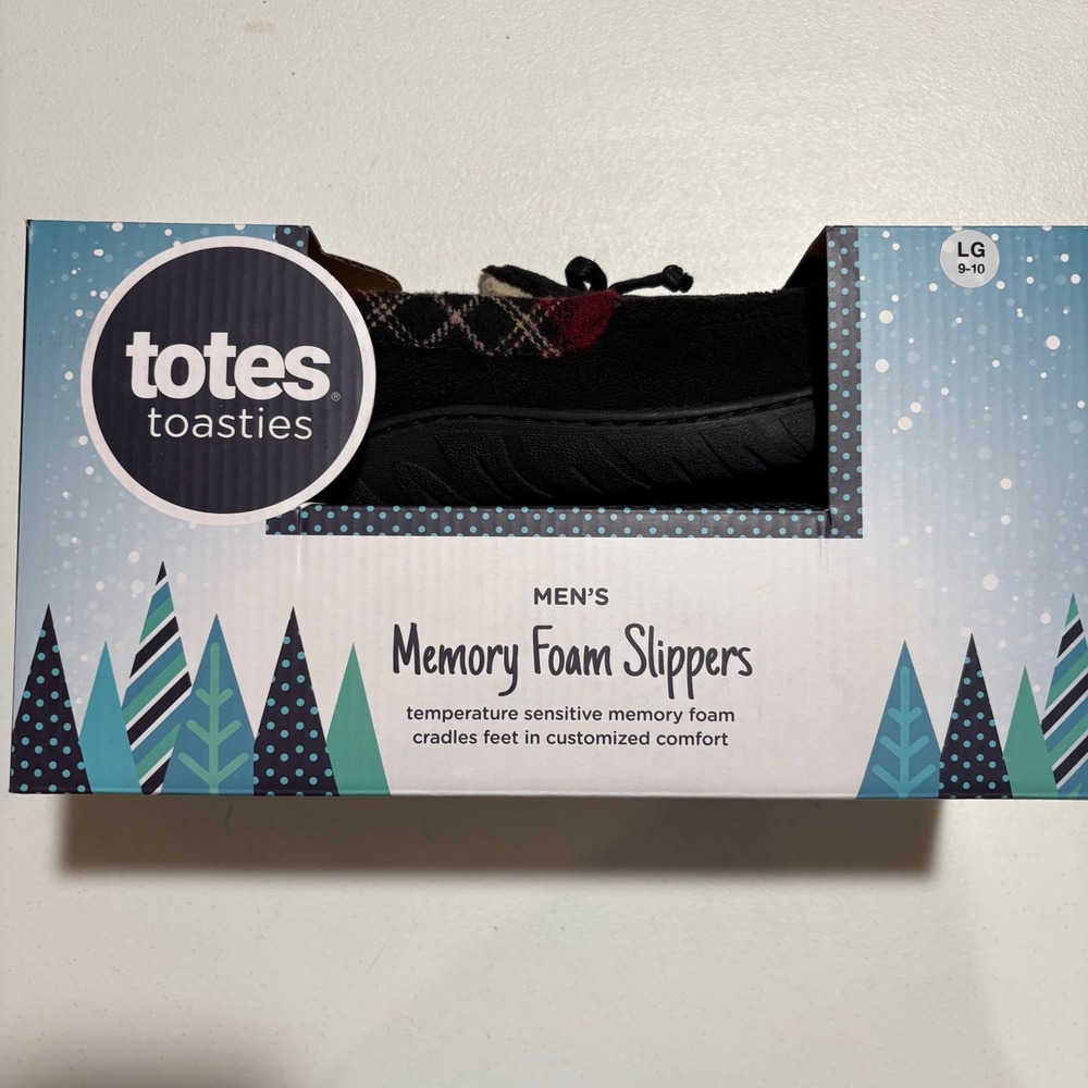 Totes Toasties Mens Memory Foam Slippers Black Plaid Moccasin Size LG 9-10 NEW